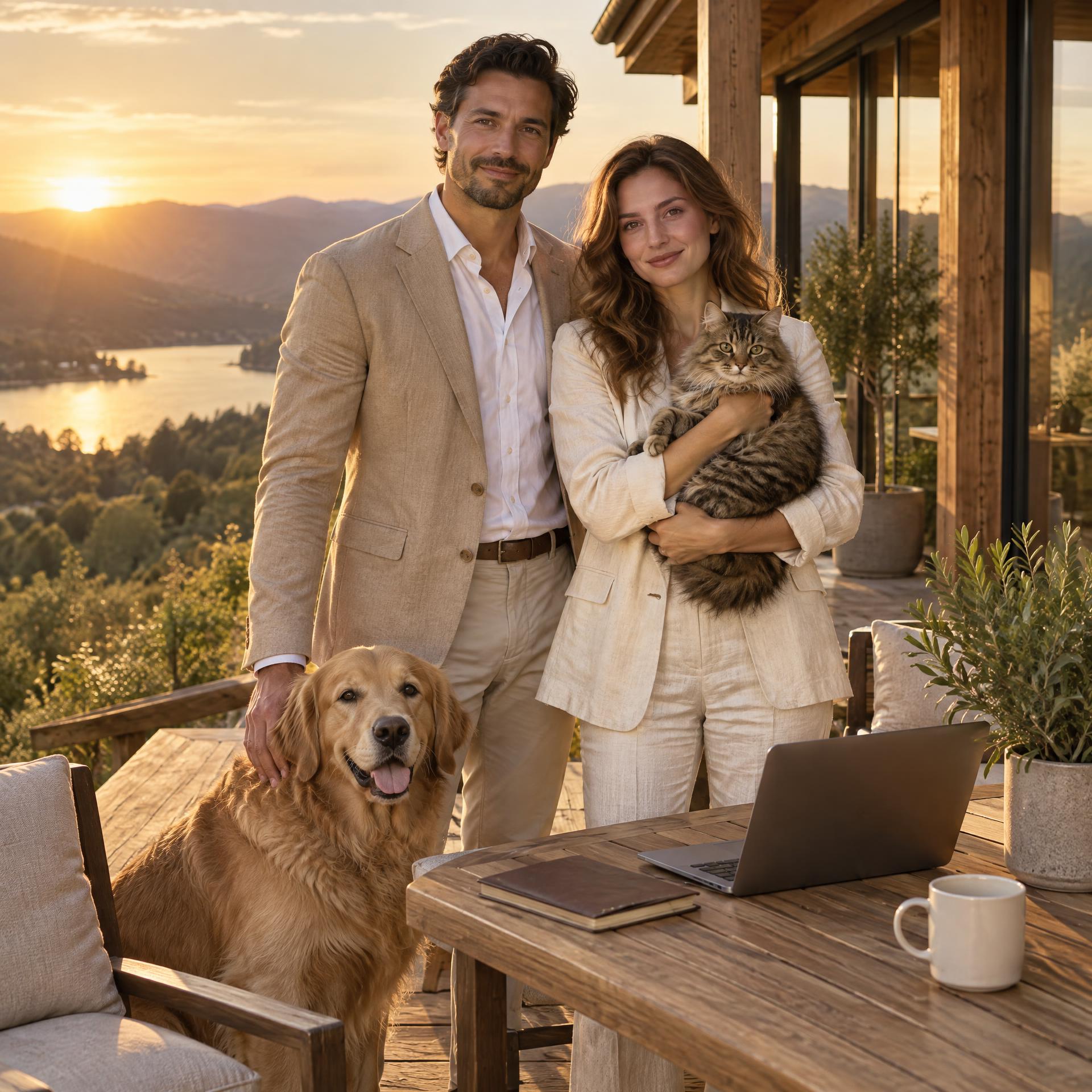 Two founders in beige attire with a tabby cat and a golden retriever on the terrace of a wooden office overlooking a lake valley at sunset